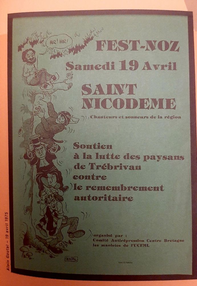 Affiche de fest noz de Saint Nicodème en soutien à la lutte des paysans de Trébrivan contre le remembrement autoritaire, avec des bourgeois, élus et gendarmes qui se font la courte échelle pour atteindre un paysan en sabots, perché sur une branche d'arbre.