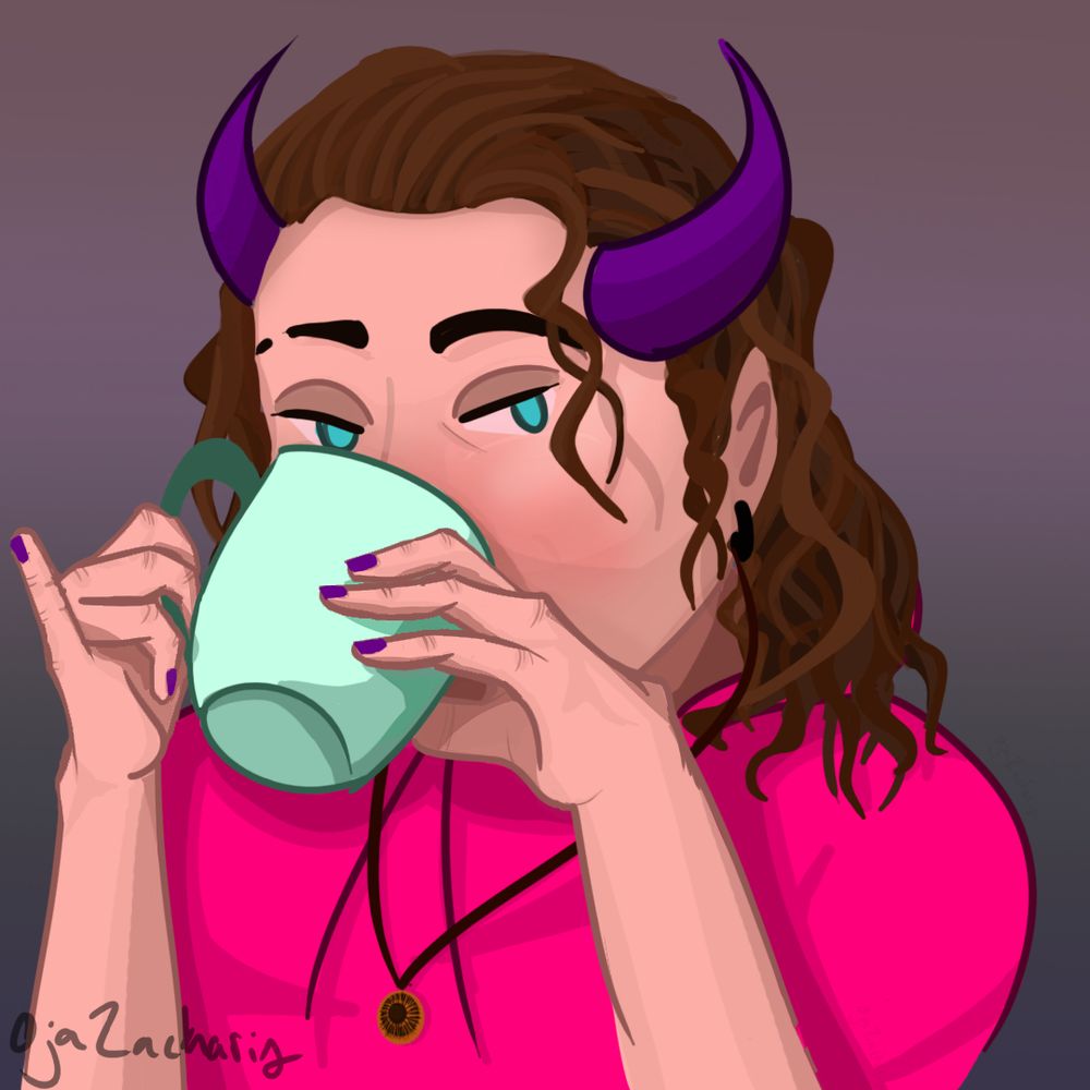 a Character with long brown hair, purple horns, earrings, a sun necklace, and a pink hoodie, drinking from a mug while giving some side eye