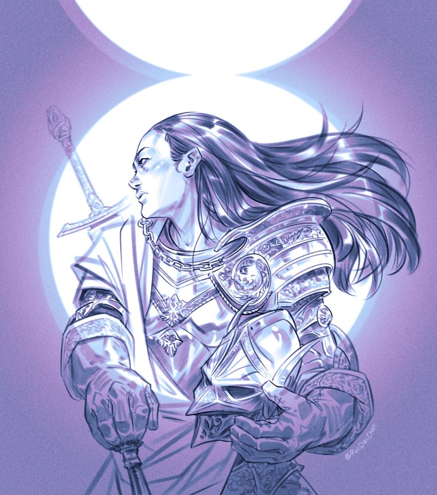 Blue and purple toned sketch of Rellana from Elden Ring, with her helmet removed. She has long dark hair, and wears shining silver platemail.