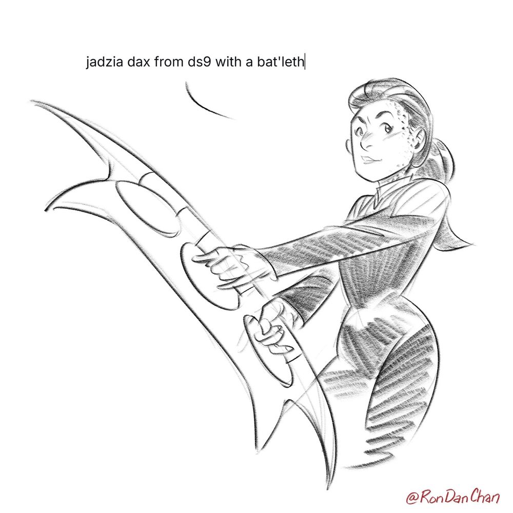 Digital pencil sketch of Jadzia Dax from Deep Space Nine holding a Klingon bat'leth sword
