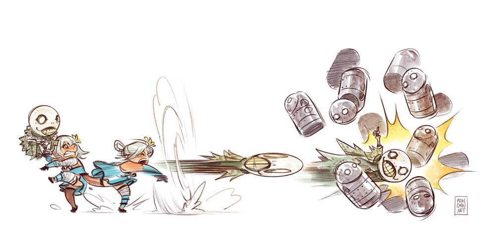 Color cartoon art of Kainé and Emil. Multiple images show steps in the action of Kainé throwing Emil like a baseball pitcher. He flies through the air and gives a thumbs up as he crashes through a pile of bowling-pin-like machines.