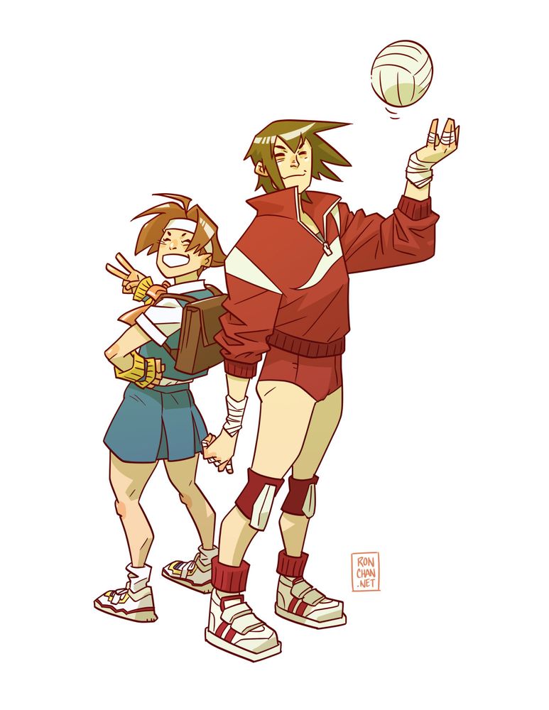 Color art of Hinata and Natsu from the video game Rival Schools. They stand back to back. Hinata is a short tomboy Japanese schoolgirl wearing a backpack and karate headband. Natsu is a tall volleyball girl with track jacket 
, and little shorts. 