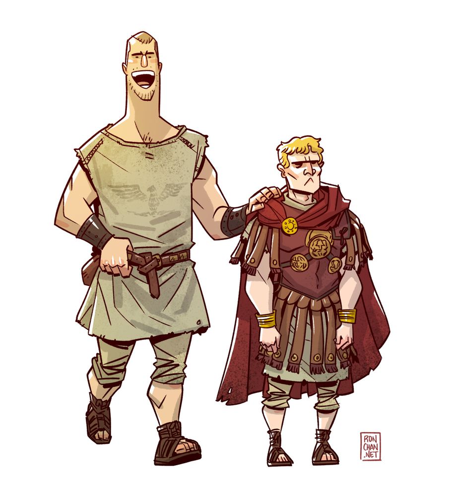 Cartoon drawing of two Roman men. On the left is Titus Pullo, a tall muppety man in peasant clothes with a big dumb smile. On the right is Lucius Vorenus, a comparatively shorter soldier with breastplate and cloak. He has the grumpiest face possible.