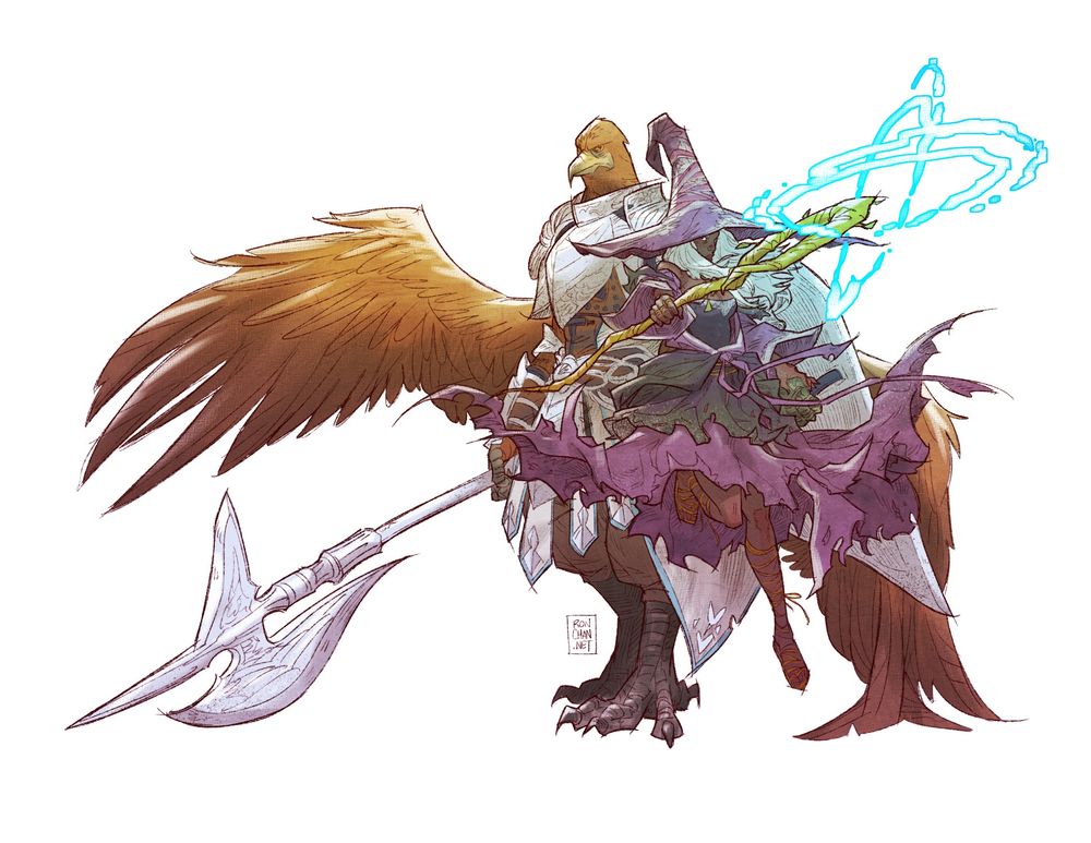 Color digital art of Guardian and Recluse from Elden Ring Nightreign. Guardian, a bird man with platemail, stands behind Recluse, a dark-skinned female wizard with a pointy hat and magic staff. He stands stoicly with halberd at his side, and she casts a spell with her staff.