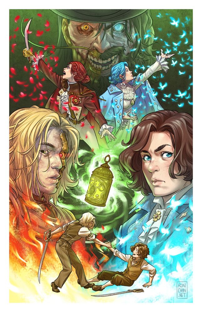 Digital color art of various characters from the video game Lies of P collaged into a large character poster, arranged in a mostly symmetrical composition with P opposite Romeo, Lea opposite Sophia, Arlecchino opposite Simon, young Romeo and Carlo at the front, and Monad's lamp floating in the middle.