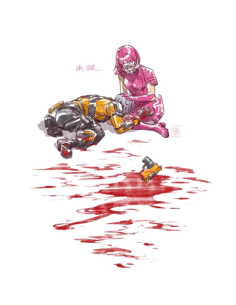 Loosely drawn color sketch of Healer and Bang Bang Fire from the video game 1000 times Resist. BBF buries her head in Healer's lap. Healer strokes her hair to comfort her. On the ground is a mess of blood splatter and BBF's gun. Text next to Healer's head indicates she is saying "oh, BB..."