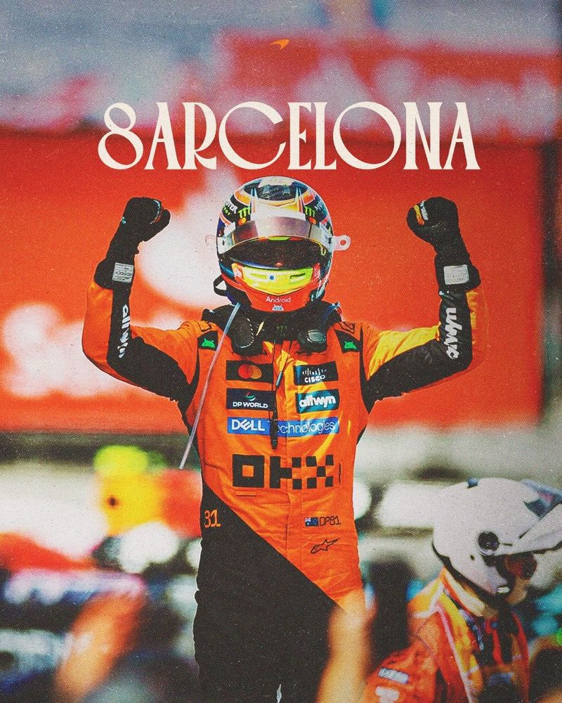 Oscar piastri celebrating in parc fermé, the title "8arcelona"