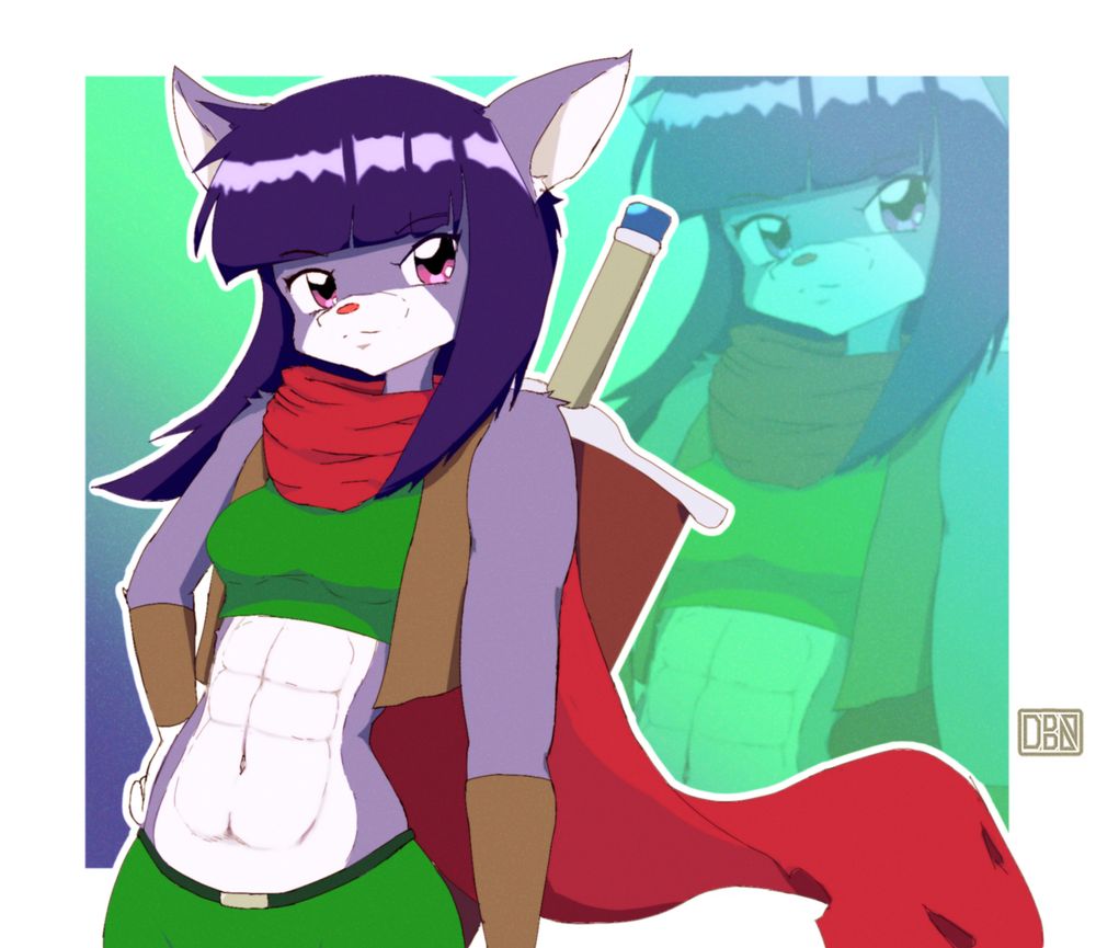 Purple haired cat girl named Sesame wearing an uber and a sword on her back and has abs