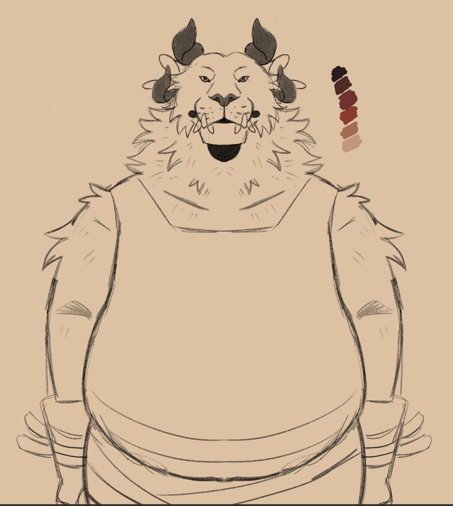 Digital drawing. A male Charr from Guild Wars 2 facing forward toward the viewer. He is wearing overalls, thick leather gloves, and several belts.