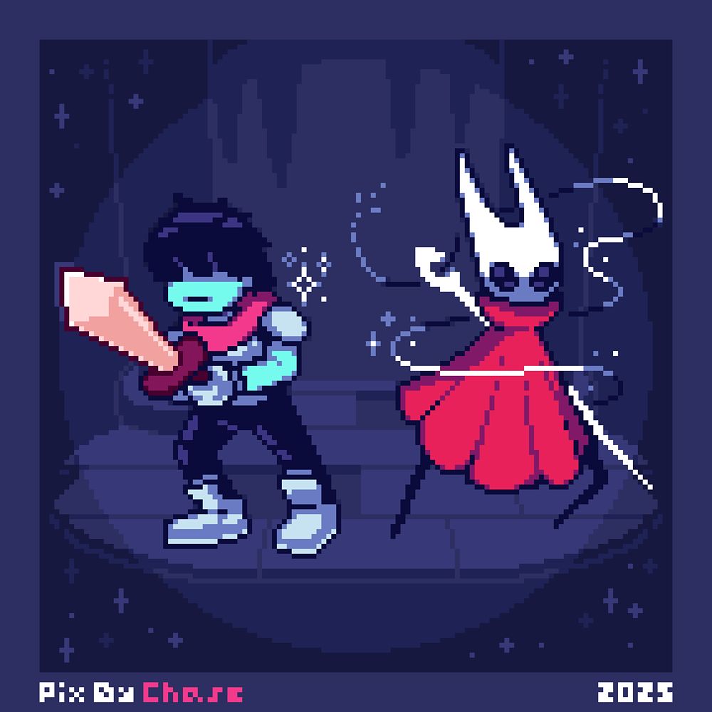 A small pixel art diorama of Kris from Deltarune standing beside Hornet from Hollow knight. Square aspect ratio.

Kris is standing on guard, wearing their usual attire of silver armor, shoulder pauldrons, gauntlets, and boots. Wielding a sword. To the right Hornet is similarly positioned covered in a red cloak, holding a needle with thread flowing around them.