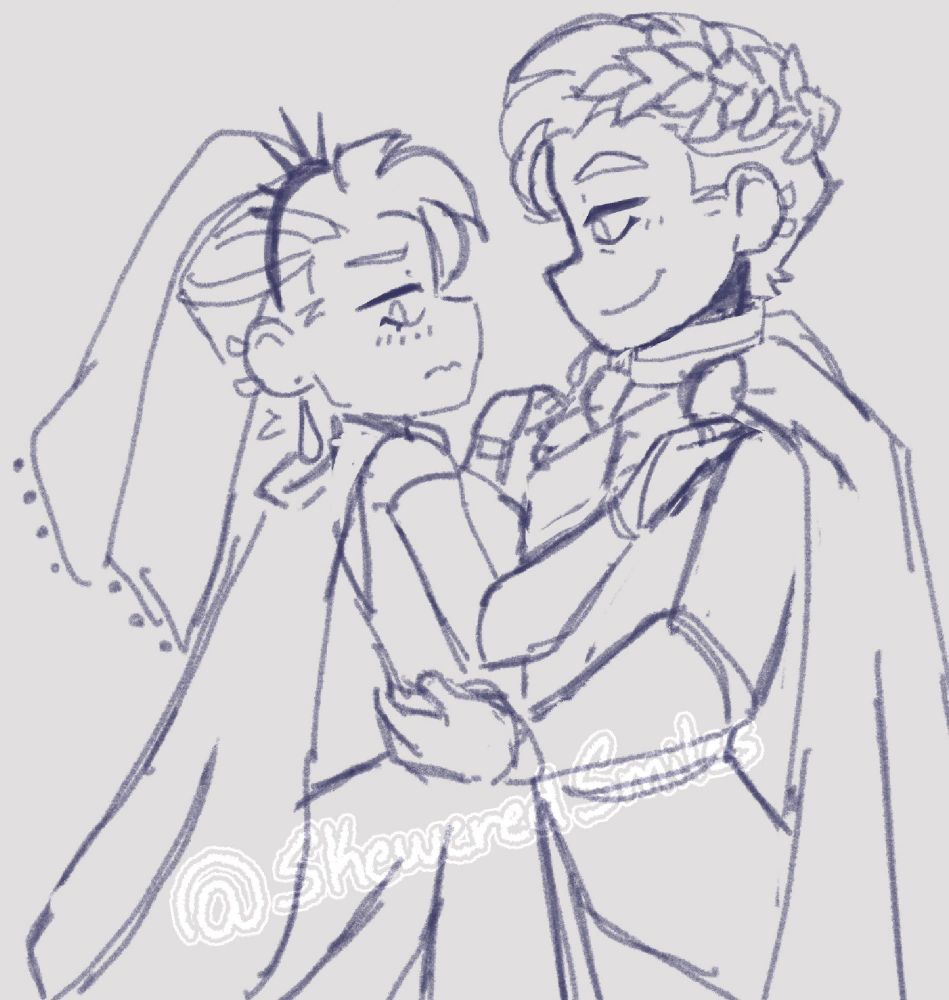 The original sketch of Princess Harrowhark and Kiriona Gaia. Kiriona holds Harrow by her waist as they waltz. Harrow looks sheepish as the Prince smiles at her. 