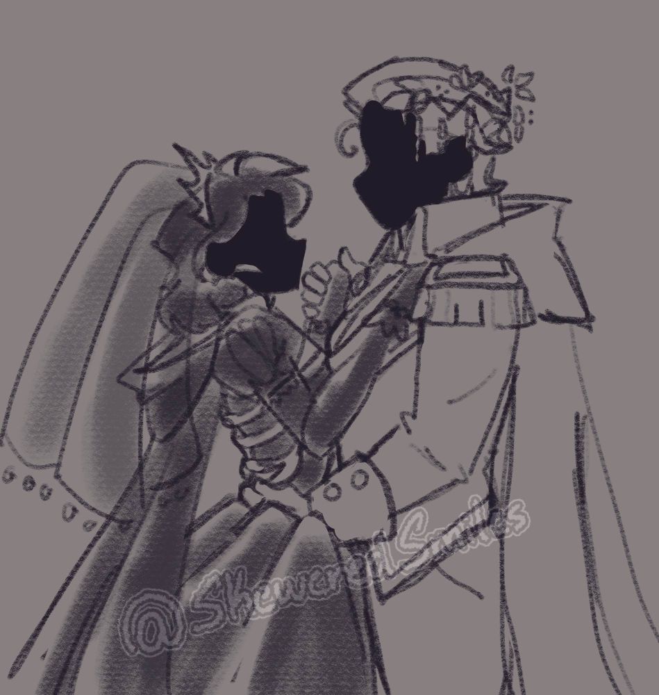 Sketch of Prince Kiriona Gaia and Princess Harrowhark in a waltz. Their faces are blacked out only showing silhouettes. Harrow is in a long black dress with a black cape and veil thrown over her head. She hold Kiriona’s hand and has the other placed on her shoulder. Kiriona is dressed in her White suit with a long cape and her crown of blossoms and bones on her head. The prince holds Harrows hand and with the other hugs Harrow around her waist.