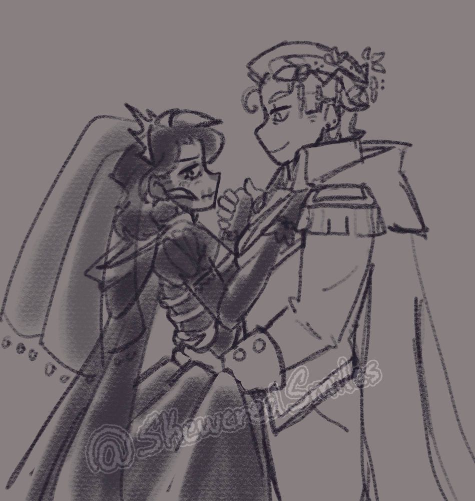 Sketch of Prince Kiriona Gaia and Princess Harrowhark in a waltz. Harrow is in a long black dress with a black cape and veil thrown over her head. She holds a sheepish look as she hold Kiriona’s hand and has the other placed on her shoulder. Kiriona is dressed in her White suit with a long cape and her crown of blossoms and bones on her head. The princes holds a a small smile down at Harrow as she hold her hand and with the other hugs Harrow around her waist. 