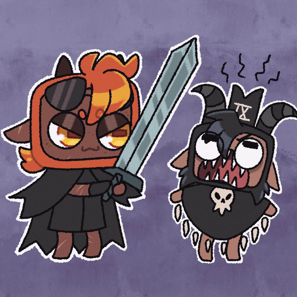 Gideon Nav and Harrowhark in the style of the the Lamb and Goat from the game ‘Cult of the Lamb.’ 

In this version Harrowhark is screaming like the goat screams in game. 