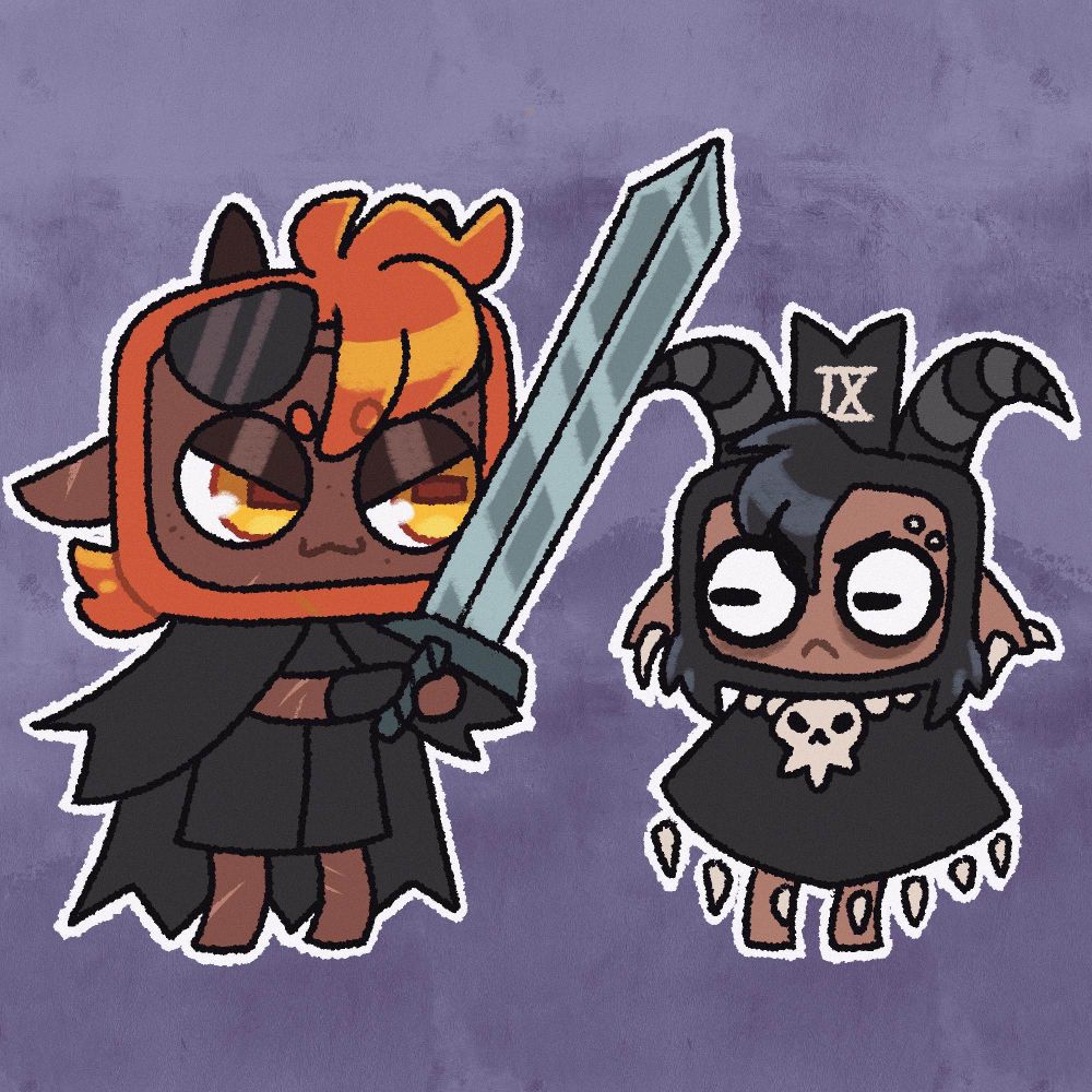 Gideon Nav and Harrowhark in the style of the the Lamb and Goat from the game ‘Cult of the Lamb.’ 