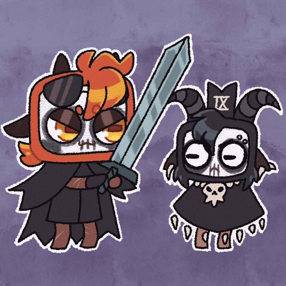 Gideon Nav and Harrowhark in the style of the the Lamb and Goat from the game ‘Cult of the Lamb.’ 

I’m this version, Gideon and Harrow both wear their face paints. 