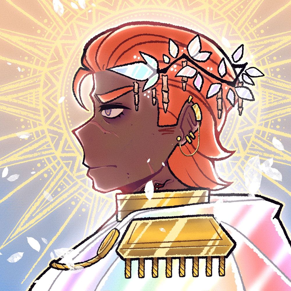 A detailed illustration of Prince Kiriona Gaia’s side profile. The image is bright with an intense light glowing from behind her. There are blossom like petals floating across the imagine contrasting against Kiriona’s blank and distant look crossing her face. 
