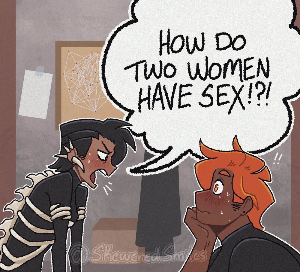 Illustration of frazzled Harrowhark asking “How do two women have sex!?!” to Gideon who is is flustered at the question. 

The image is a reference to a Manga illustration depicting the same scenario with different characters. 