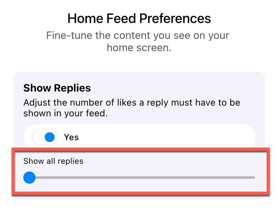 Visual for "Show replies" account setting slider.