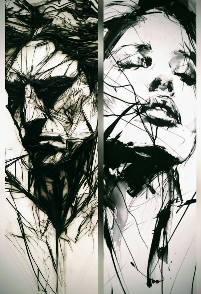 Collage: Profilbild-Zeichnungen von einer Frau und einem Mann, die nebeneinander einen tiefen Weltschmerz in unterschiedlicher Intensität ausdrücken. 