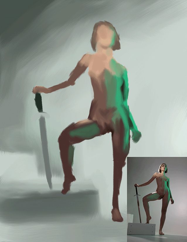 Figure study of a woman standing on a stair with green light shining from the side.