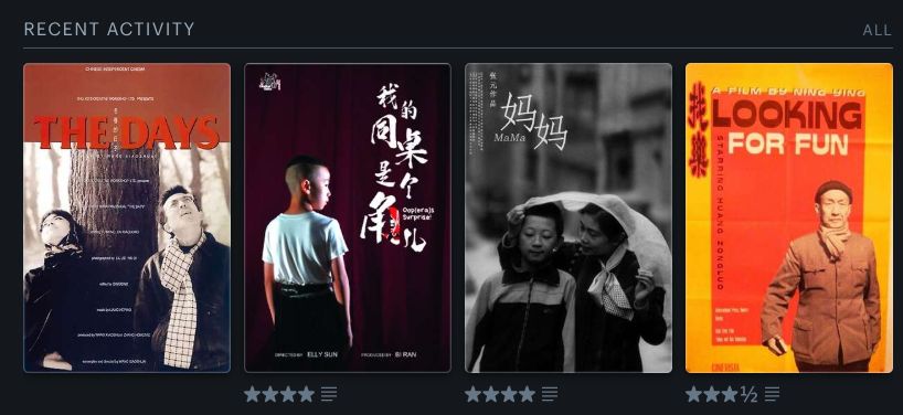 Letterboxd Recent Activity with movie posters for: 

Looking for Fun 《找乐》（1993）
Mama 《妈妈》(1990)
我的同桌是个角儿 《Oop(era)s Surprise!》(2025)
The Days《冬春的日子》(1993）