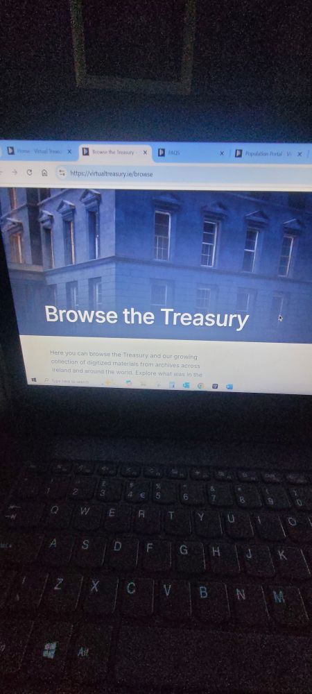 Image shows a laptop screen with the Virtual Treasury web page open saying Browse the Treasury