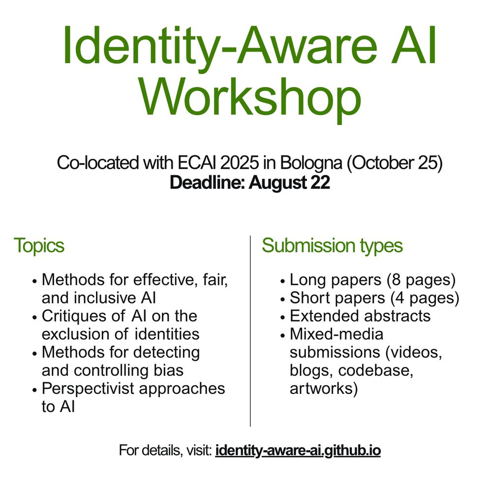 Identity-Aware AI Workshop announcement. Co-located with ECAI 2025 in Bologna on October 25, with submission deadline August 22. Topics include: Methods for effective, fair, and inclusive AI; Critiques of AI on the exclusion of identities; Methods for detecting and controlling bias; Perspectivist approaches to AI. Submission types: Long papers (8 pages), Short papers (4 pages), Extended abstracts, Mixed-media submissions (videos, blogs, codebase, artworks). For details, visit: identity-aware-ai.github.io