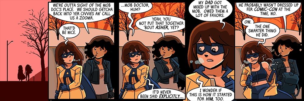 The following panels a pumpkin orange background. The rosy glow on their faces, puffs of CO2 from amber, ciggie smoke from Sal Walkerton 

Amber removes her outfit to reveal black sports bra and a right side gash. 