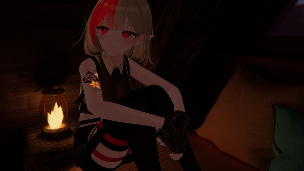 3D VRChat avatar of a dark elf vampire bounty hunter girl in dim lighting