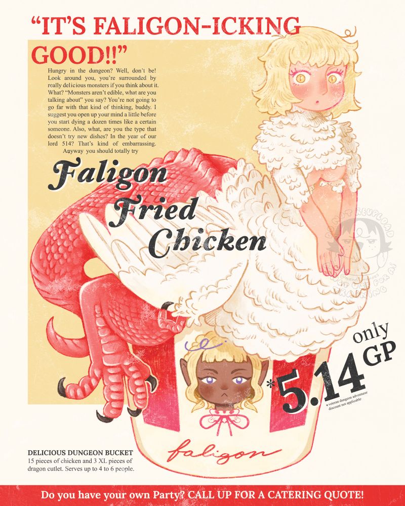 a fake ad for falin in her chimera form sitting on top of a bucket resembling that from a fast food place. 