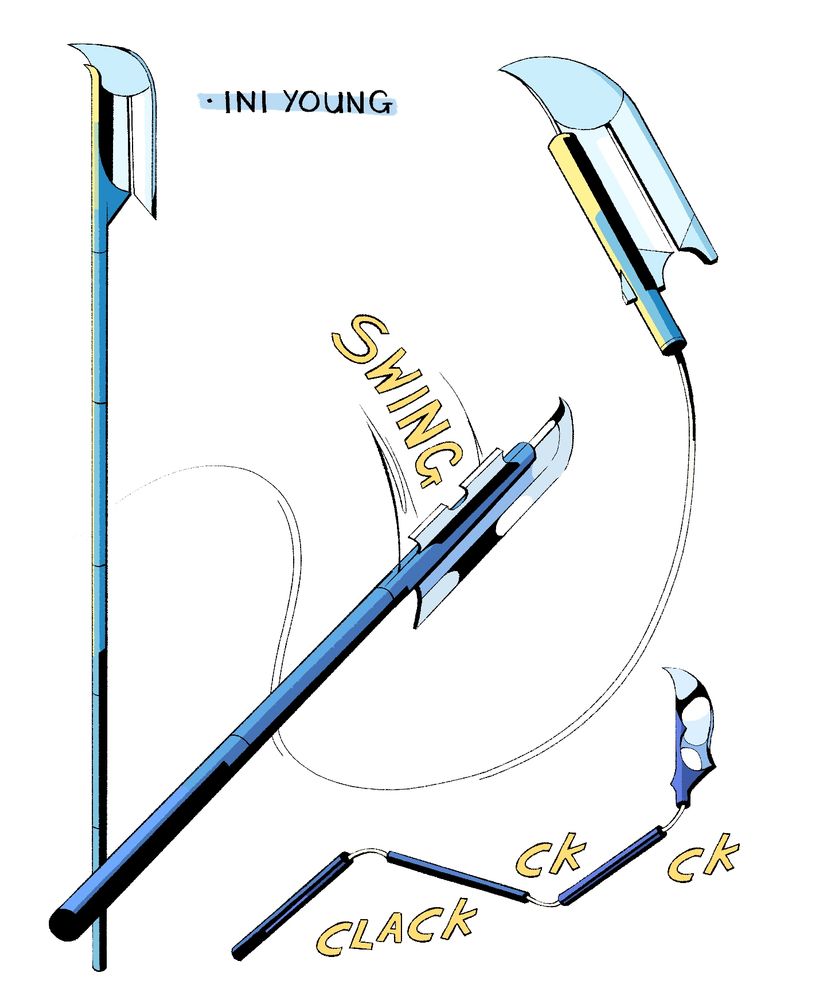 A series of illustrated glaives, coloured blue, with yellow lettering indicating movement and sound.