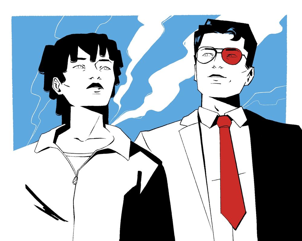 Two characters in black and white, against a blue background. The masculine character has a red accented tie, and a red lens in his glasses.