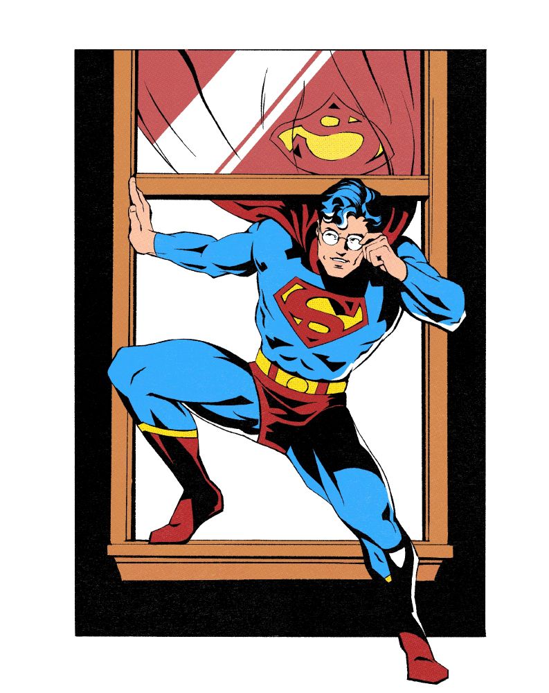 An illustration of Superman, climbing through a window and adjusting his glasses.
