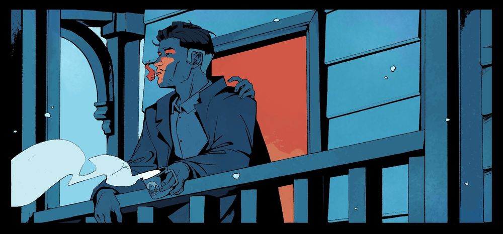 A comic panel, depicting a man smoking and holding a drink while leaning on a porch railing. The colours are blue and dismal, highlighted by an supernatural red.