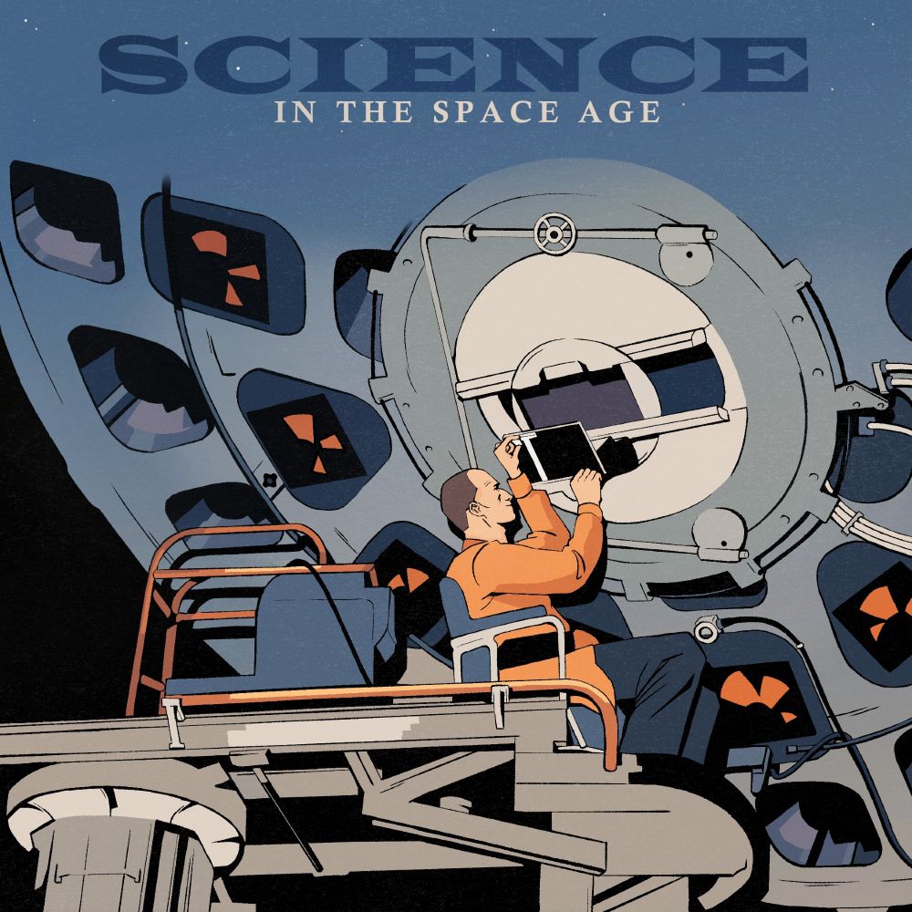 An illustration of an educational book cover, depicting a man working on aerospace technology.