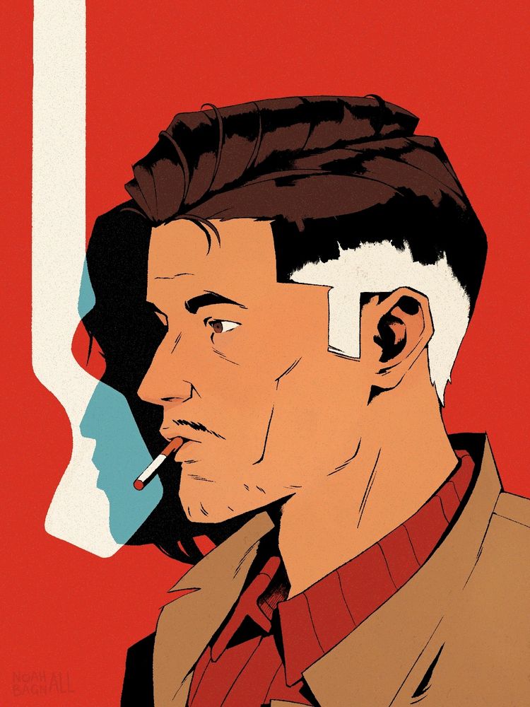 A portrait of the character Jerry Murphy turned to the left and smoking a cigarette. The background is a bright red, and his shadow is the silhouette of a woman.