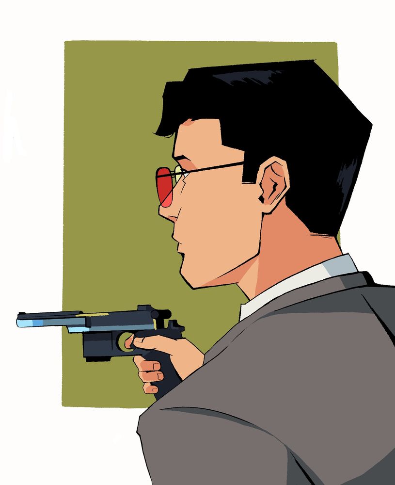 An illustrated character wearing a suit and glasses with a red-tinted lens. He is turned toward the left and holding a pistol.