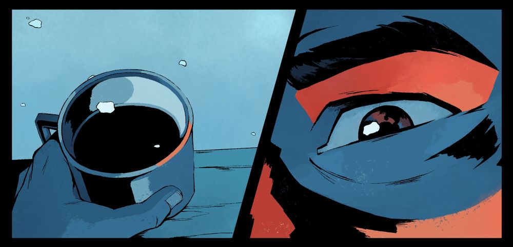 A split panel, with the first half illustrating snow falling into a drink. The second half shows a close-up of an eye reflecting a snowflake.