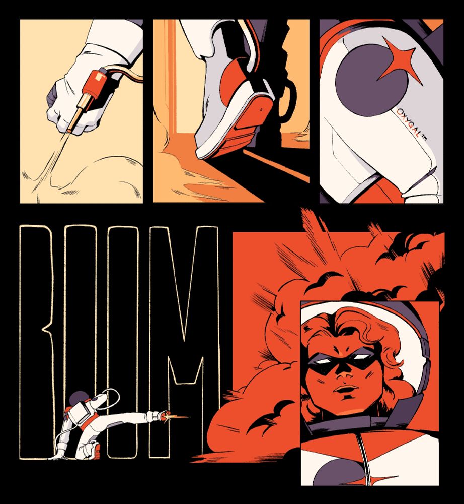 An illustrated comic page, depicting a superhero wearing a space-inspired suit.