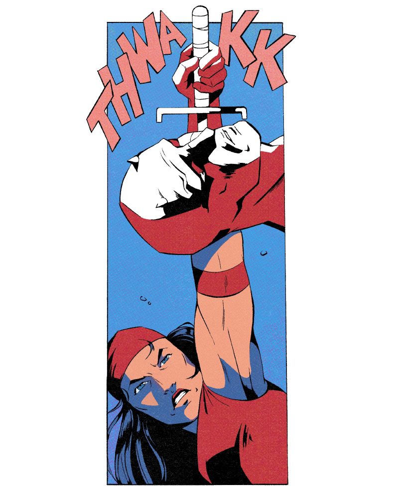 In the panel, Elektra is illustrated hitting Daredevil upward with the handle of a sai.