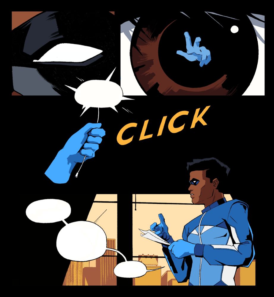 An illustrated comic page, depicting a superhero wearing blue. 