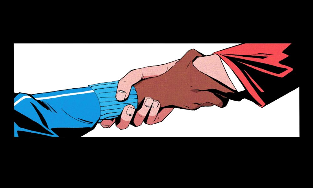 An illustration of a hand belonging to a darker skinned woman wearing a blue jacket shaking the hand of a paler man wearing a red suit.