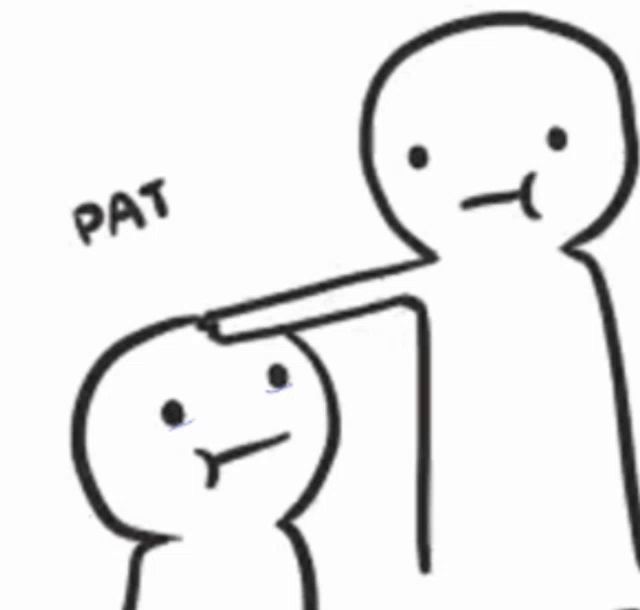 a drawing of a man pointing at another man 's head with the word pat written on it .