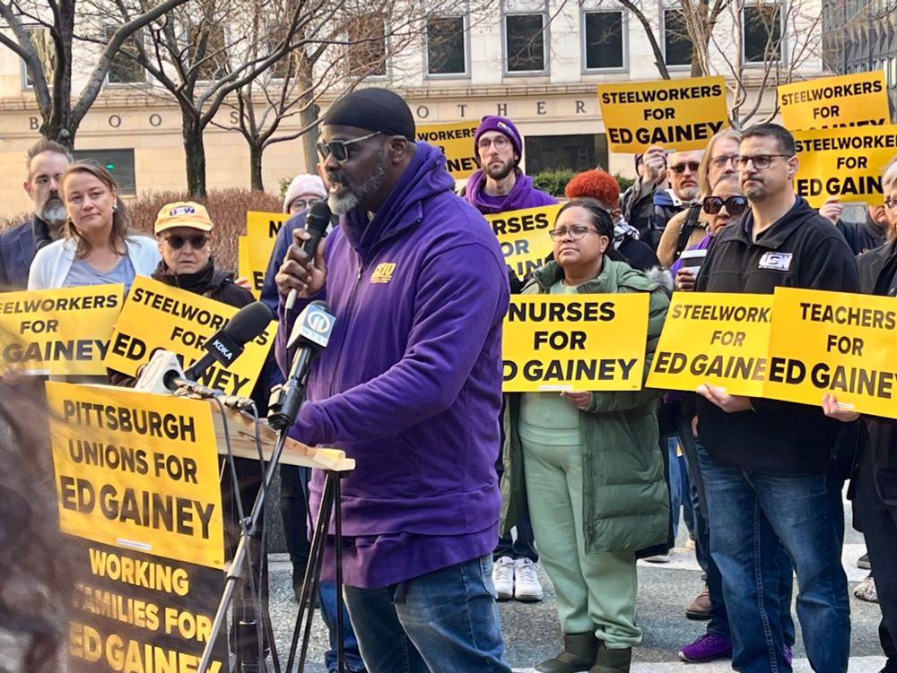 Steve Kelley, board member for SEIU 32BJ, Speaks at a labor for Gainey and Camp press conference