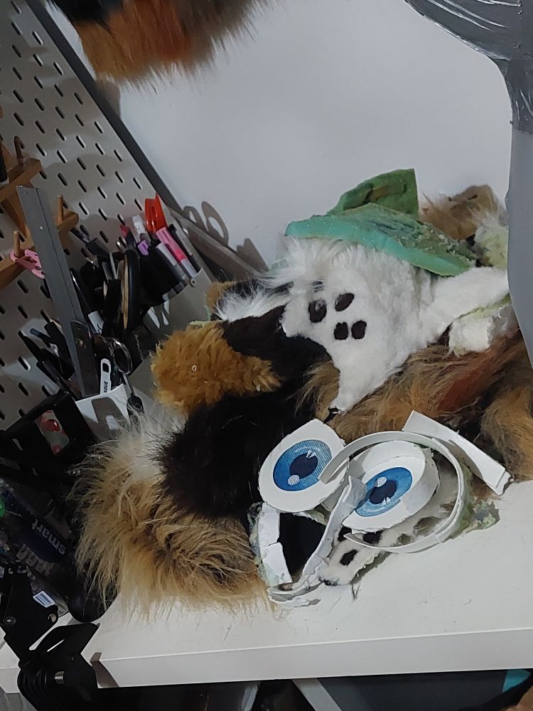 An utterly cursed looking pile of brown, tan and white fur with a pair of broken follow me eyes on top.