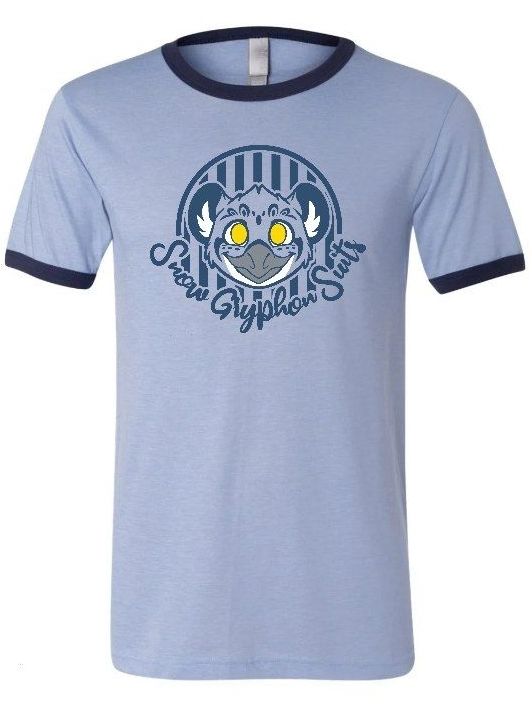 A light blue shirt with dark blue ringed edges on the sleeves and neck hem. A simplified headshot logo of snow gryphon suits is on the chest. 