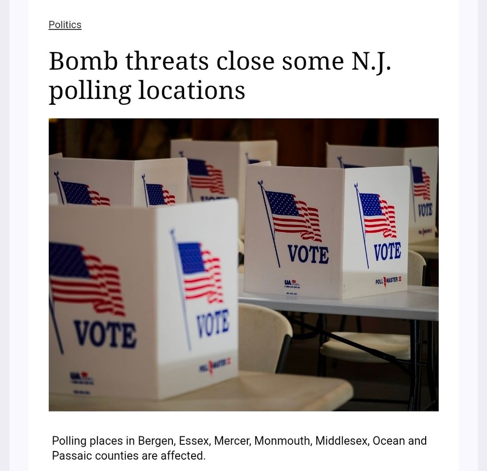 Bomb threats close some NJ polling locations. Picture of vote placards on tables. 