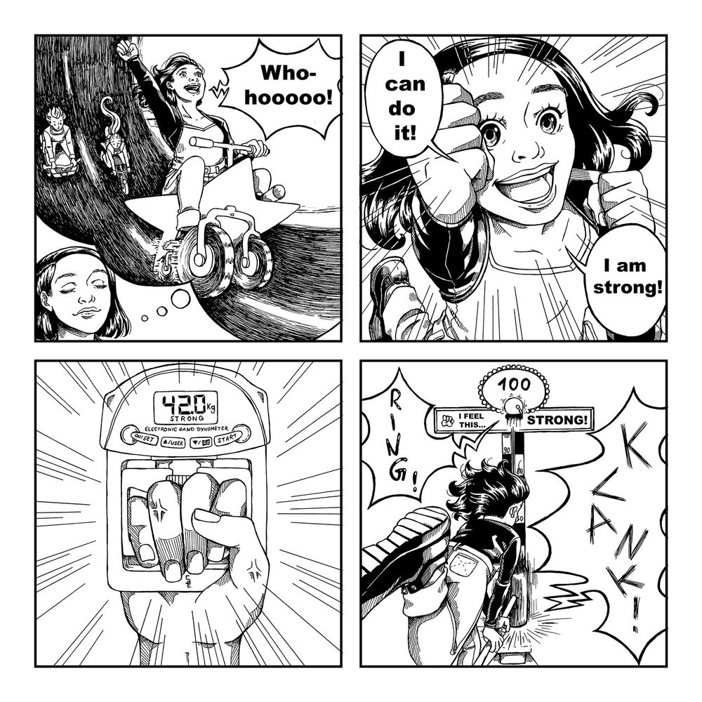 Comic illustration for Ulrike Nieft, Marleen Schlütz, and @NeuroBarbara‘s study on hypnosis and handgrip strength.