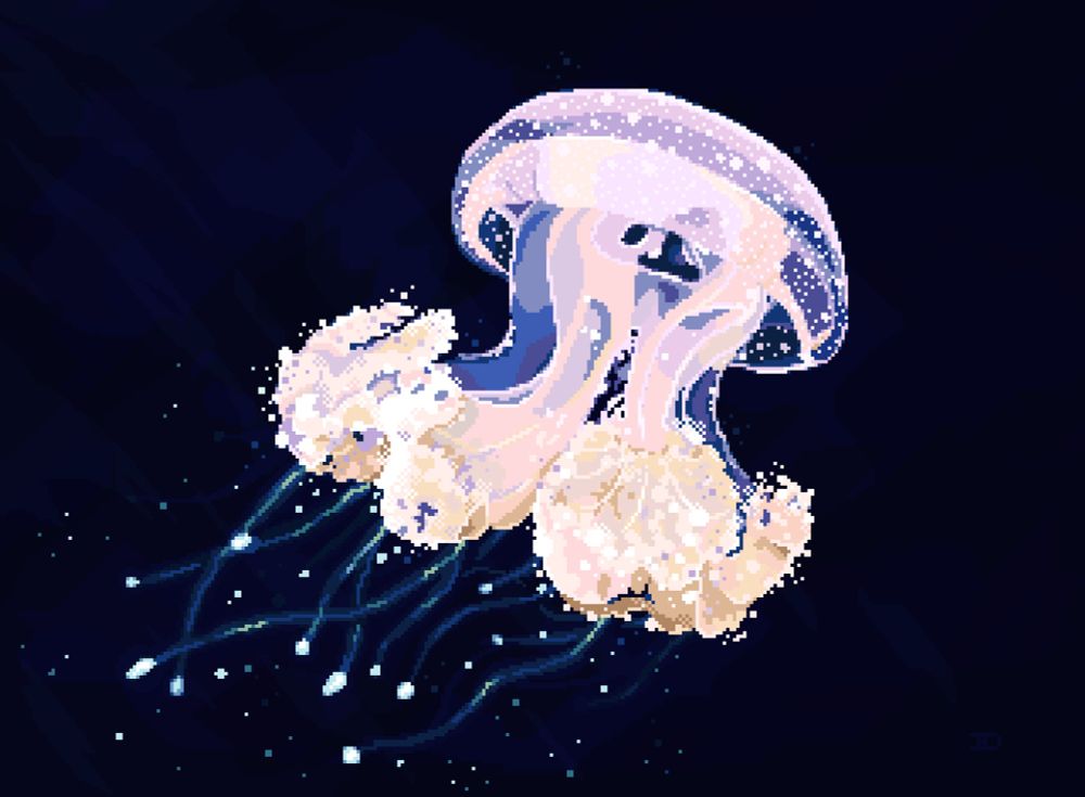 Pixel art of a purple-ish jellyfish on a dark blue background